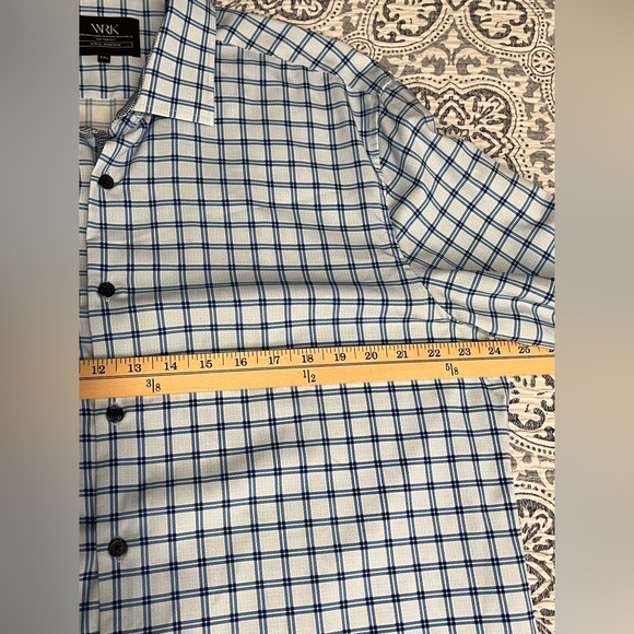 WRK Wrinkle Free Men's Blue Checkered Button Up Shirt sz 17.5 - Picture 6 of 12